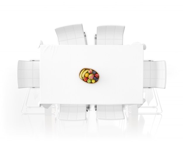 Mesa com toalha de mesa, frutas e cadeiras