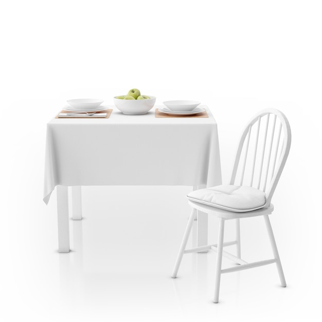 PSD grátis mesa com toalha de mesa, louça e cadeira
