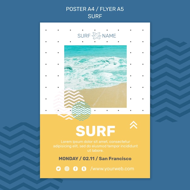 Modelo de anúncio de surf em panfleto