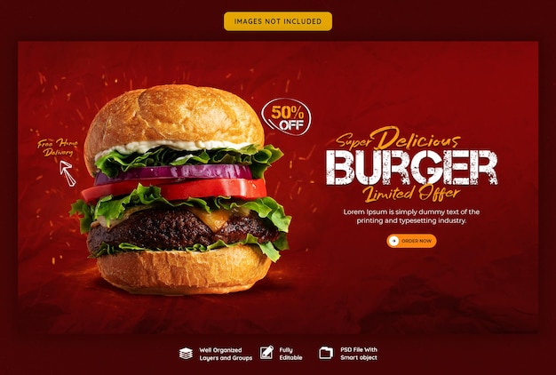 Modelo de banner da web de hambúrguer delicioso e menu de comida