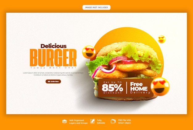 Modelo de banner da web de menus de hambúrgueres e alimentos deliciosos