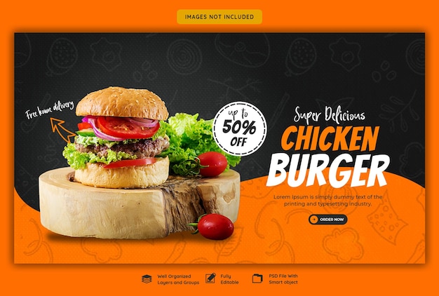 Modelo de banner da web de menus de hambúrgueres e alimentos deliciosos