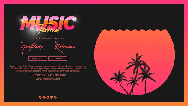 PSD grátis modelo de banner da web para o festival de música dos anos 80