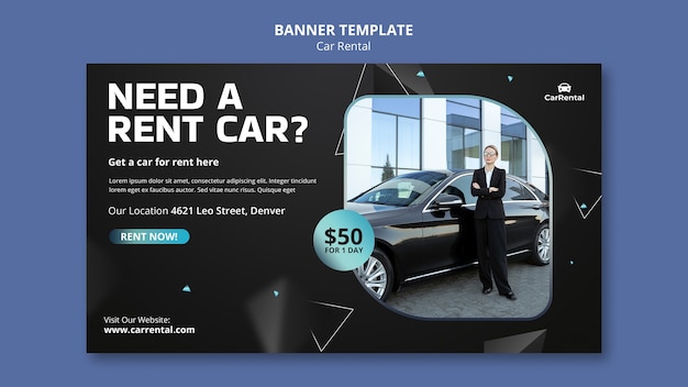 Modelo de banner de aluguel de carros de design plano