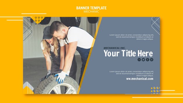 Modelo de banner de assistência mecânica com trabalhadores