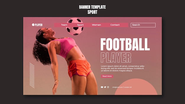 PSD grátis modelo de banner de esporte com foto de mulher jogando futebol