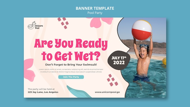 Modelo de banner de festa na piscina de design plano