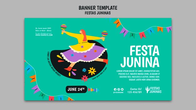 Modelo de banner de festas juninas de design plano