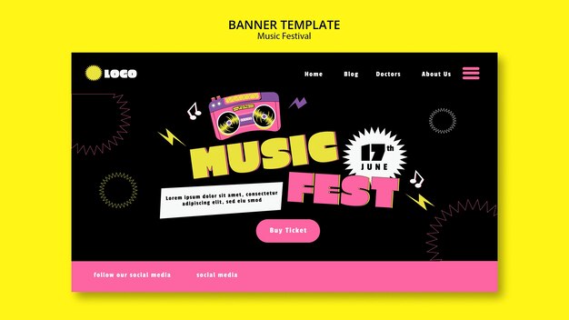 Modelo de banner de festival de música retrô