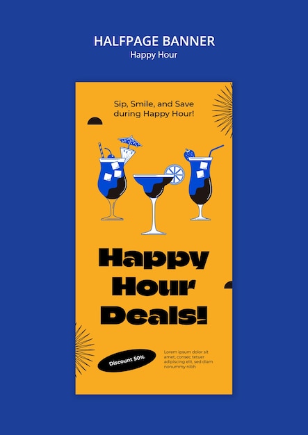 Modelo de banner de meia página para a celebração da happy hour