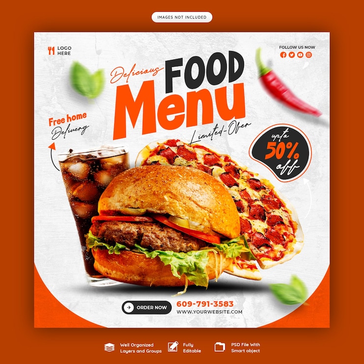 PSD grátis modelo de banner de mídia social de menu de comida e restaurante