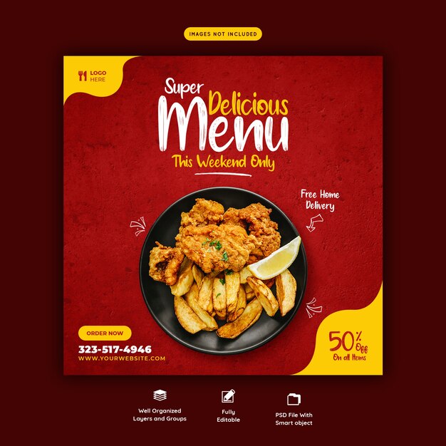 Modelo de banner de mídia social de menu de comida e restaurante