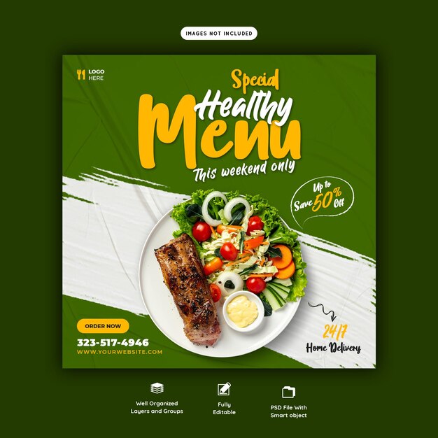 Modelo de banner de mídia social de menu de comida e restaurante
