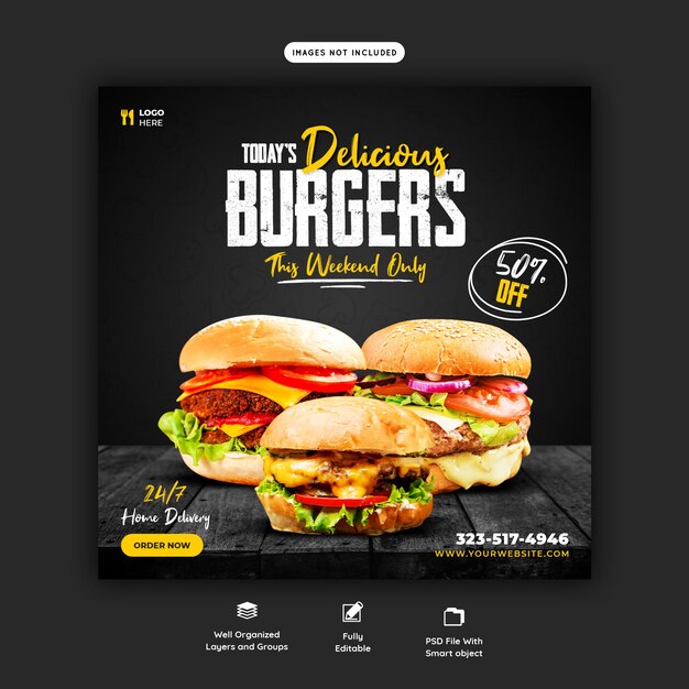 Modelo de banner de mídia social de menus de hambúrgueres e alimentos deliciosos
