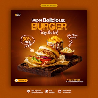Modelo de banner de mídia social para hambúrguer delicioso e menu de comida