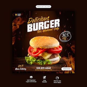 Modelo de banner de mídia social para hambúrguer delicioso e menu de comida