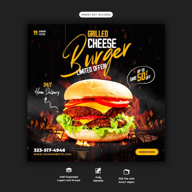 PSD grátis modelo de banner de mídia social para hambúrguer delicioso e menu de comida