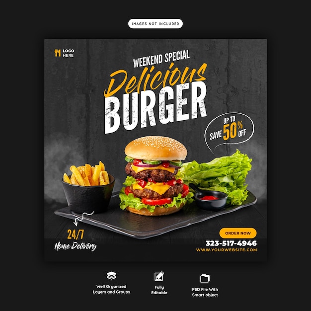 PSD grátis modelo de banner de mídia social para hambúrguer delicioso e menu de comida