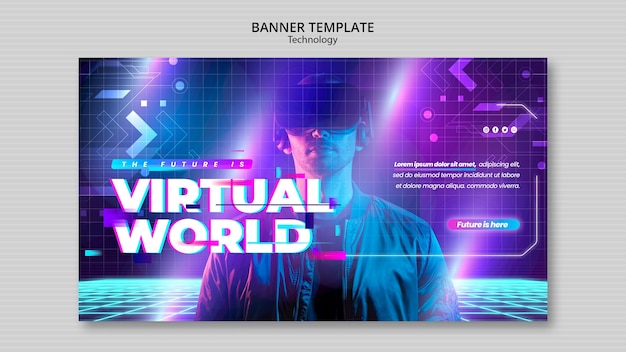 Modelo de banner de mundo virtual neon