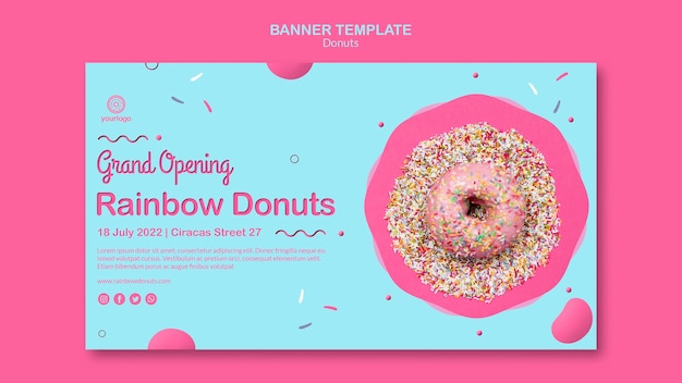 Modelo de banner de rosquinhas de arco-íris de inauguração