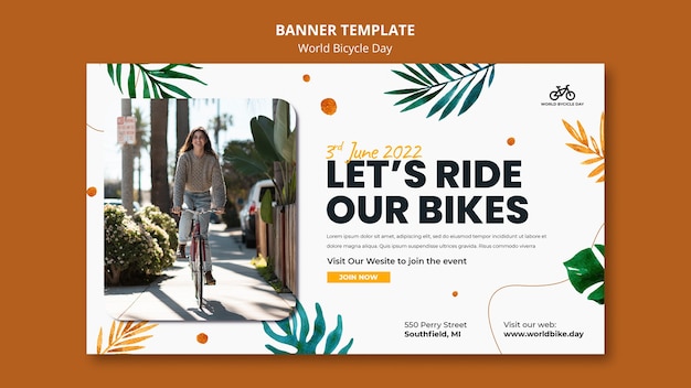Modelo de banner do dia mundial da bicicleta botânica