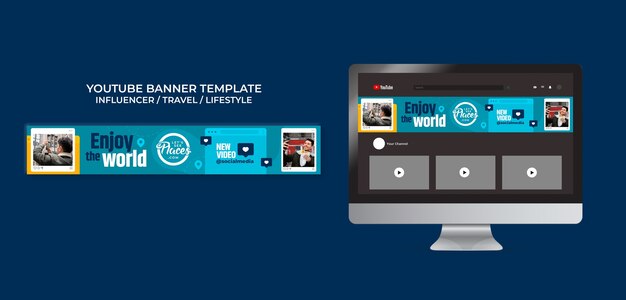 Modelo de banner do youtube de influenciador de mídia de viagem