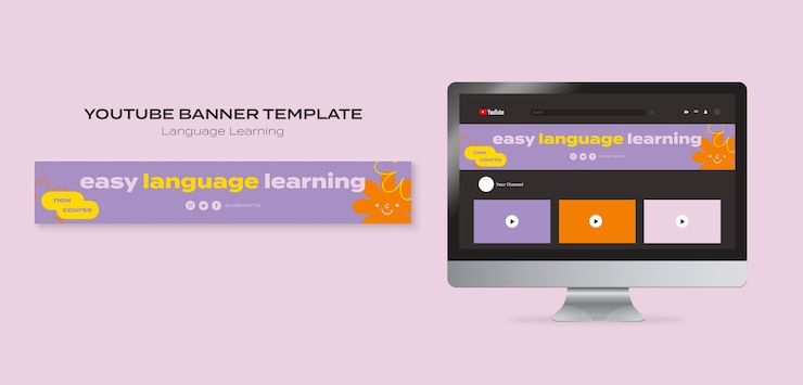 PSD grátis modelo de banner do youtube para aulas de aprendizado de idiomas