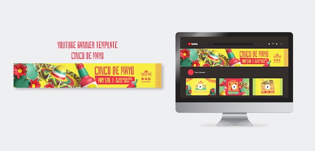 PSD grátis modelo de banner do youtube para celebração de cinco de maio