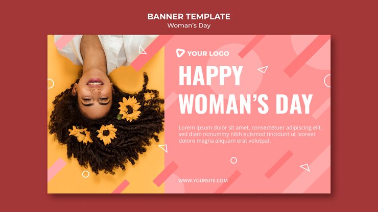 PSD grátis modelo de banner feliz dia da mulher com mulher com flor no cabelo
