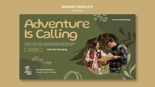 Modelo de banner horizontal de acampamento com vegetação