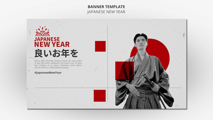 PSD grátis modelo de banner horizontal de ano novo japonês com pessoa vestindo roupas tradicionais