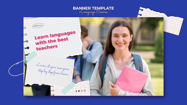 Modelo de banner horizontal de aulas de idiomas com páginas de notebook