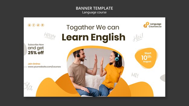 Modelo de banner horizontal de aulas de inglês com efeito líquido