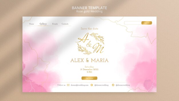 Modelo de banner horizontal de casamento de ouro rosa aquarela