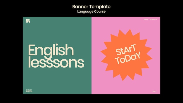 Modelo de banner horizontal de cursos de inglês em estilo retrô