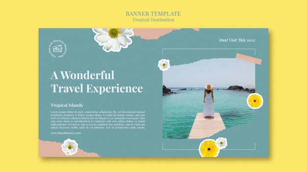 Modelo de banner horizontal de destino tropical cortado estilo com flores