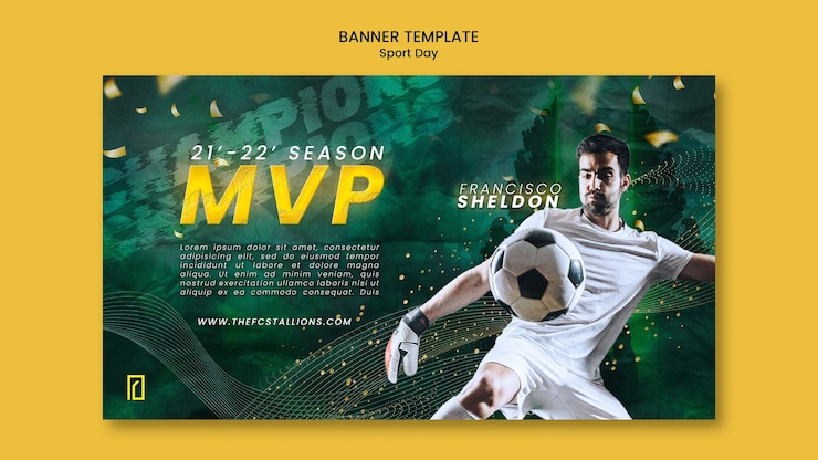 PSD grátis modelo de banner horizontal de dia de esportes com efeito brilhante e embaçado