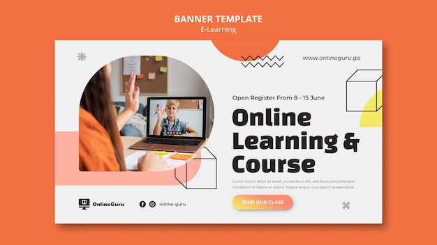 Modelo de banner horizontal de e-learning com formas geométricas