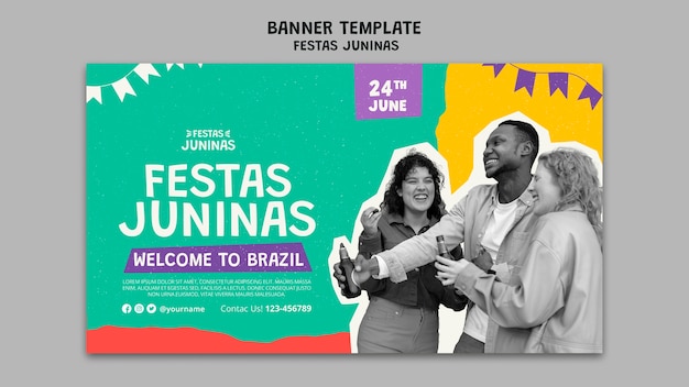 PSD grátis modelo de banner horizontal de festas juninas em estilo de recorte de papel