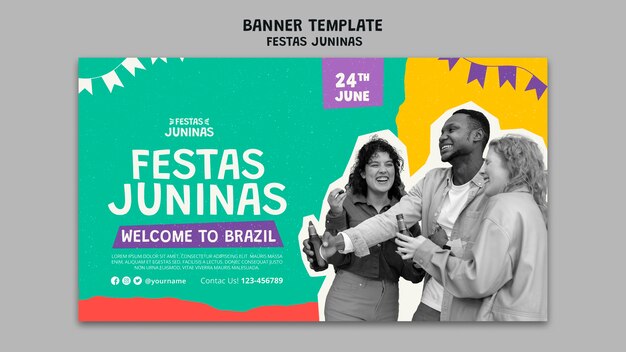 Modelo de banner horizontal de festas juninas em estilo de recorte de papel