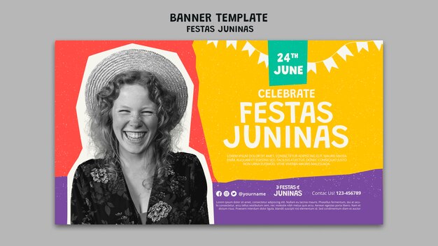 Modelo de banner horizontal de festas juninas em estilo de recorte de papel