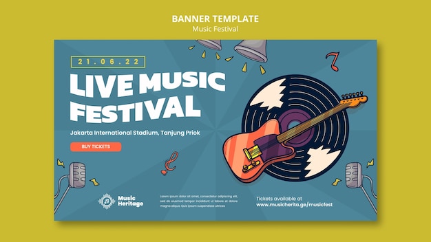 Modelo de banner horizontal de festival de música com disco de vinil desenhado à mão e guitarra