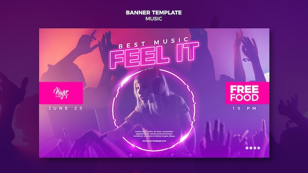 Modelo de banner horizontal de néon para música eletrônica com DJ feminina
