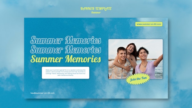 Modelo de banner horizontal de verão com pessoas na praia