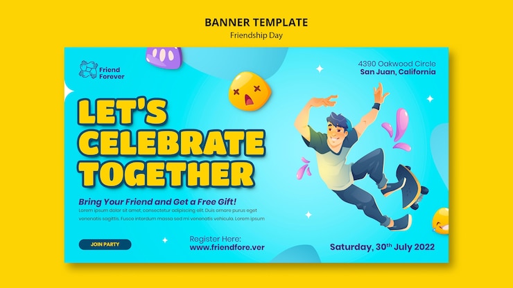 PSD grátis modelo de banner horizontal do dia da amizade com pessoa de desenho animado andando de skate