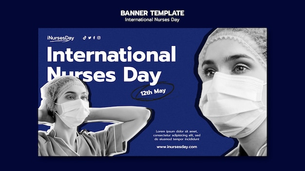 Modelo de banner horizontal do dia internacional dos enfermeiros com enfermeira usando máscara médica