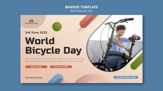 PSD grátis modelo de banner horizontal do dia mundial da bicicleta com pessoa usando bicicleta