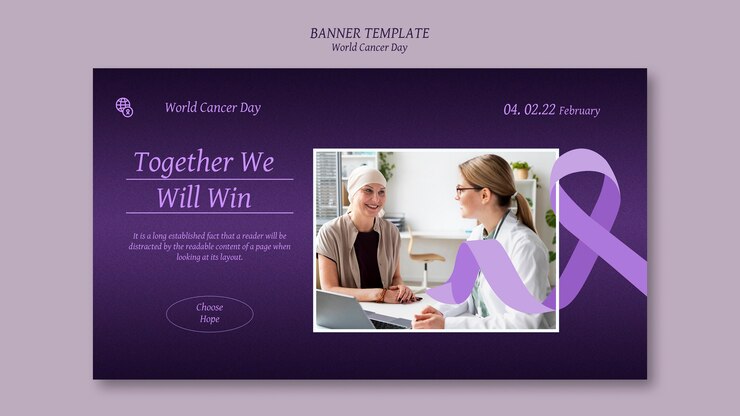 PSD grátis modelo de banner horizontal do dia mundial do câncer com detalhes roxos