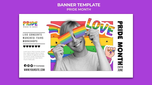 Modelo de banner horizontal do mês do orgulho com cores do arco-íris