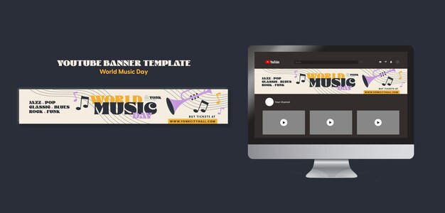 Modelo de banner horizontal do youtube para celebração do dia mundial da música